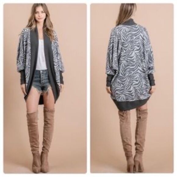 Brushed Zebra Dolman Sleeve Open Front Cardigan Small - Picture 8 of 9